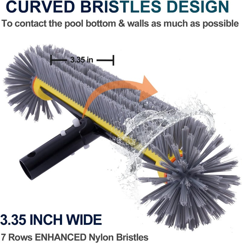 POOLAZA Pool Brush Head with Round Ends, Heavy Duty Pool Brushes for Cleaning Pool Walls, Floors Steps & Corners, 17.5" Pool Brush with Sturdy Aluminum Handle & Durable Nylon Bristles (Yellow) - Image 3